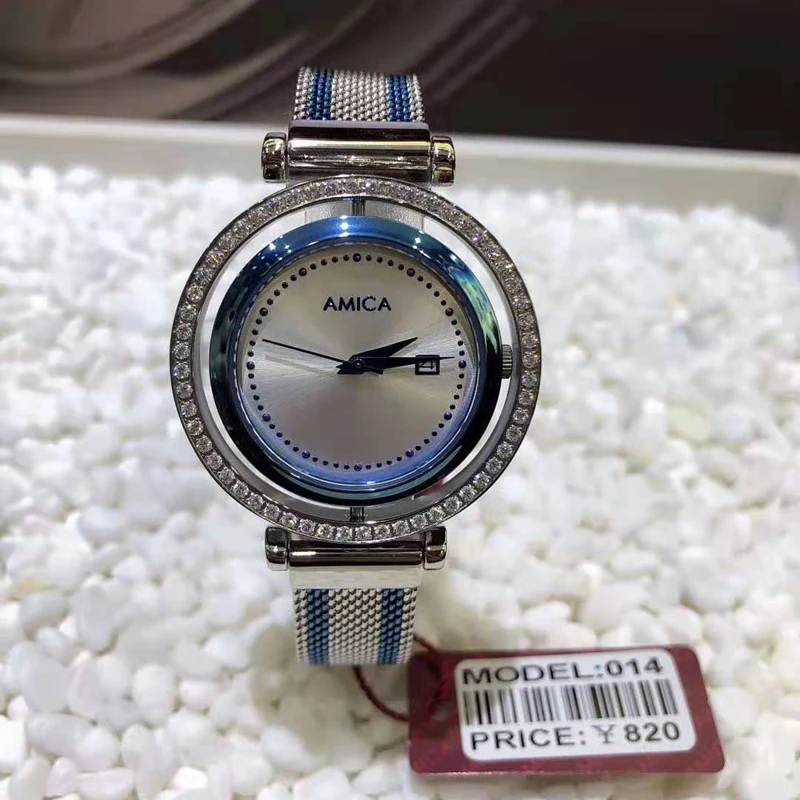AMICA Роскошные Брендовые женские ультра-тонкий стальной ремешок новая мода циферблат можно поворачивать часы водонепроницаемые кварцевые часы женские часы - Цвет: silver blue