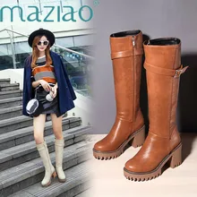 Большие размеры 34-43; осенне-зимние сапоги; женская обувь на платформе с высоким каблуком, с круглым носком, на молнии; сапоги до колена с пряжкой; Новинка года; MAZIAO