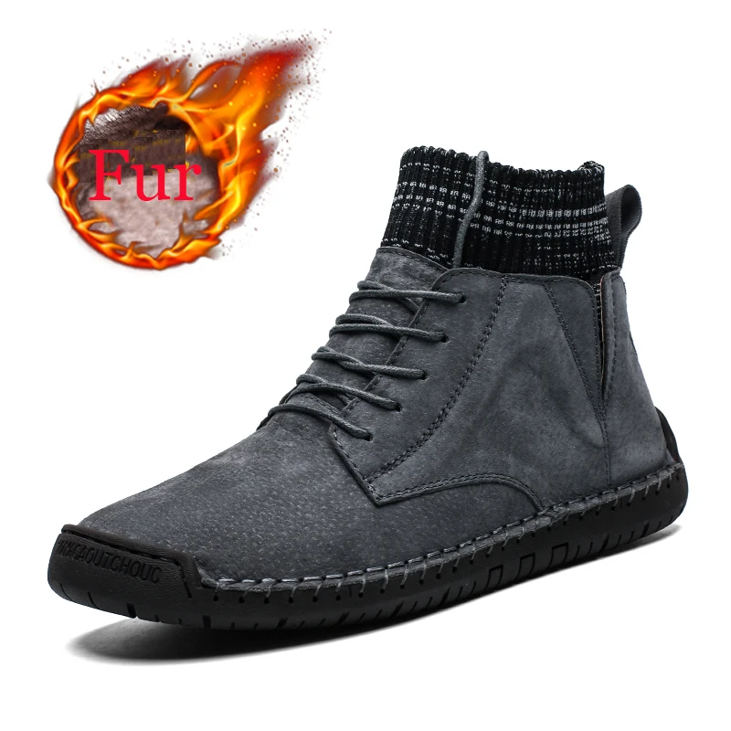 Gray with fur Брендовые мужские ботинки из замши; зимние ботинки; мужские плюшевые теплые мотоциклетные ботинки; водонепроницаемые ботильоны; Мужская Рабочая обувь; большие размеры - Цвет: Gray with fur