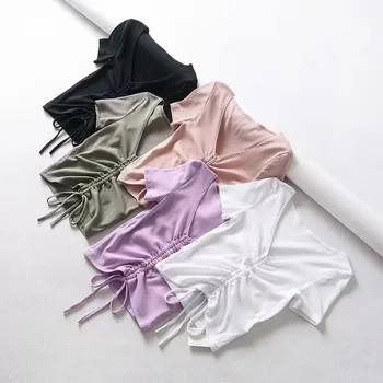 

New Arrivals Sexy V Neck Cropped Tops Women's Drawstring Tie Up Front Camis Candy Colors Clothes Slim Fit Ribbed Crop Top