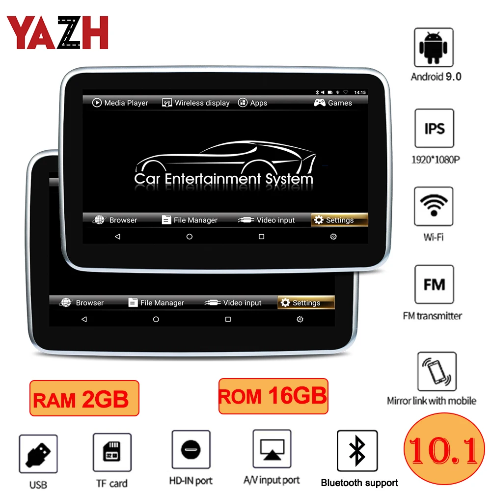 IPS-монитор для подголовника автомобиля YAZH 10 1 дюйма 2 + 16 ГБ Android 9 0 Pie 1920*1080 HD 4K Bluetooth