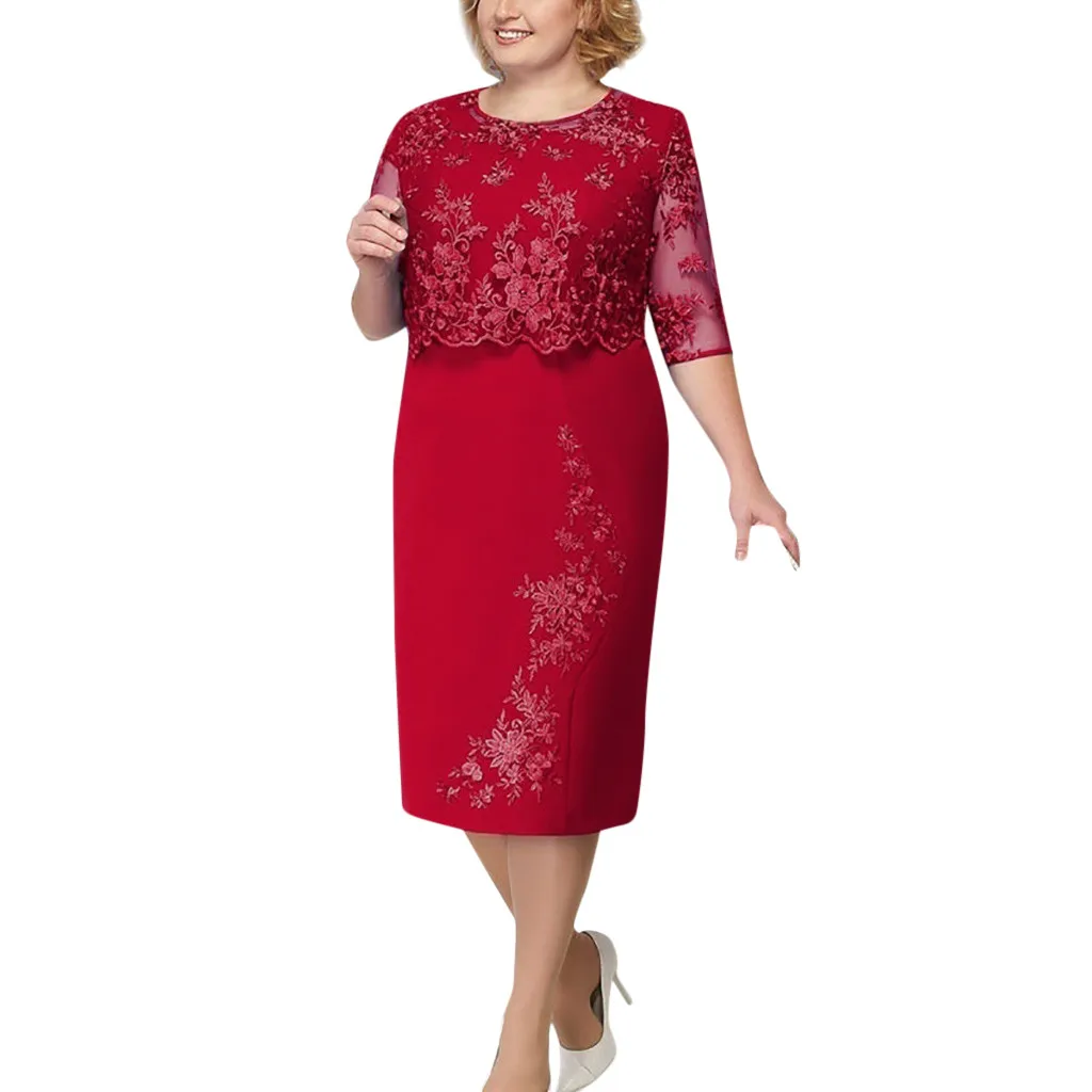 Платье размера плюс 35 и 5XL, женское кружевное платье средней длины с коротким рукавом, винтажное элегантное вечернее платье для мамы - Цвет: Red