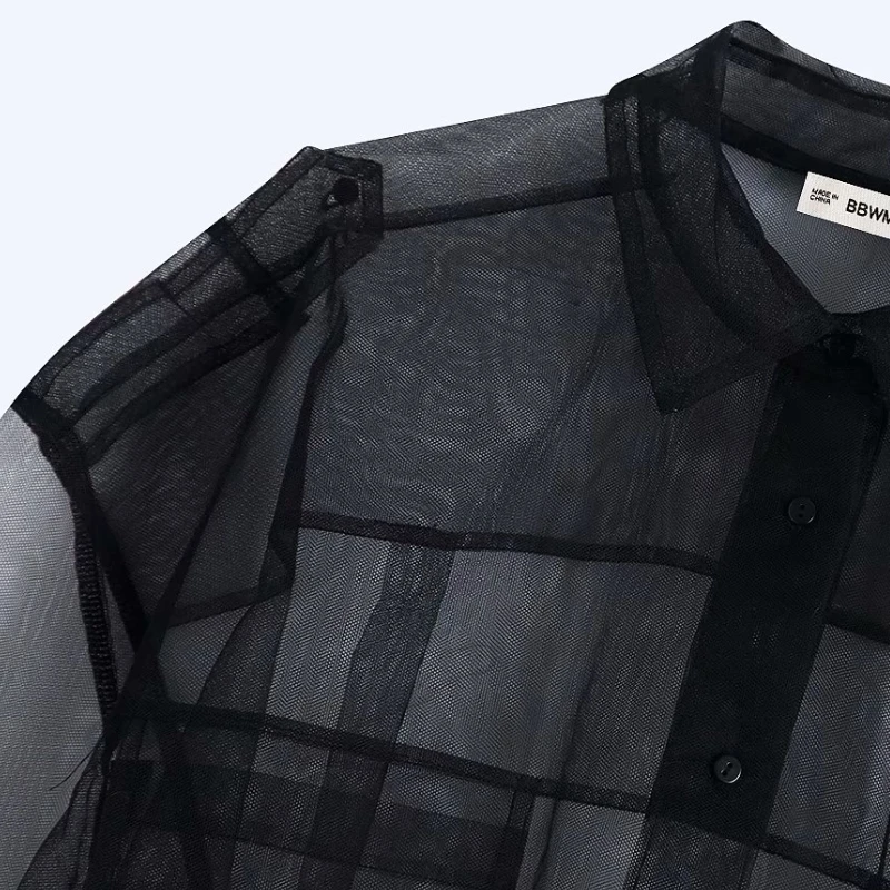 new women pocket decoration transparent black mesh blouse long sleeve casual smock shirt leisure sexy chemise blusas tops LS6001