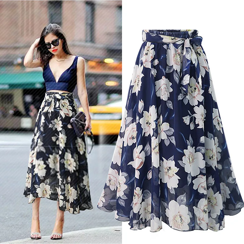 

WOMEN'S Skirt Europe And America Large Size Floral-Print Chiffon Mid-length Big Hemline bai da qun D121