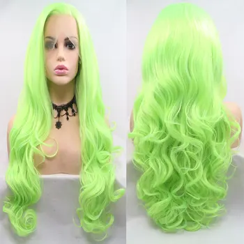 

Body Wave Light Green 13*3 Inch Synthetic Lace Front Wig Heat Resistant Fiber Free Part Natural Hairline Hair For Women Girl Wig