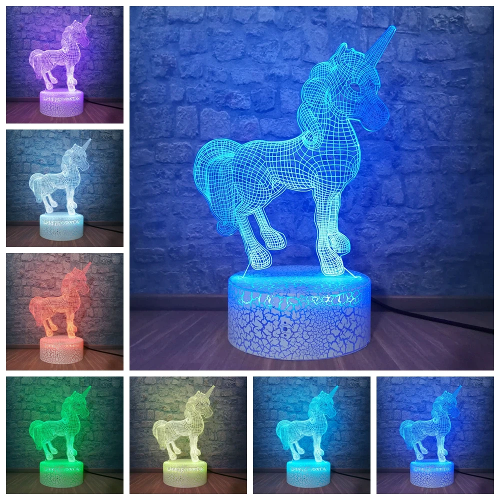Удача Единорог 3D иллюзия Ночник декор светодиодный настольная лампа USB зарядка Рождественский подарок на день рождения для детей мальчиков и девочек детей
