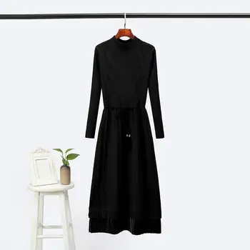 

Elegant Stand Collar Loose Long Thick Sweater Dress A-Line Women Autumn Winter Drawstring Dress Femme Lace Up Loose Robe