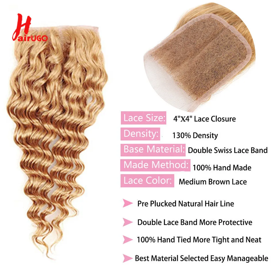 Human Hair Closure HairUGo Brazilian 27# Honey Blonde Deep Wave Human Hair Closure 4x4 Body Wave Lace Closure 100% Human Hair With Baby Remy
