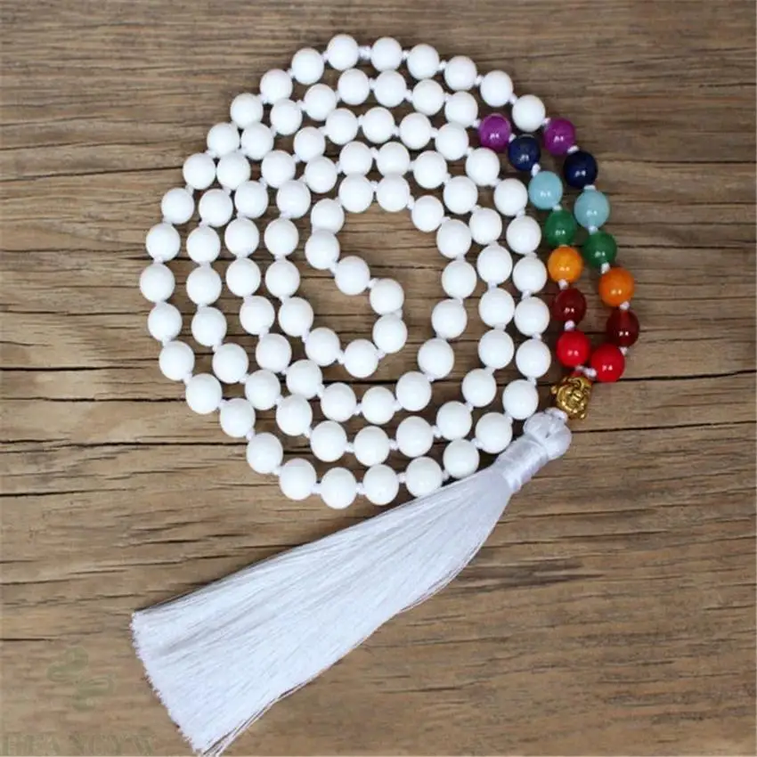 

6mm white agate colorful Gemstone 108 beads Mala Bracelet pray Fancy Handmade Wrist Meditation Buddhism Reiki Healing Lucky