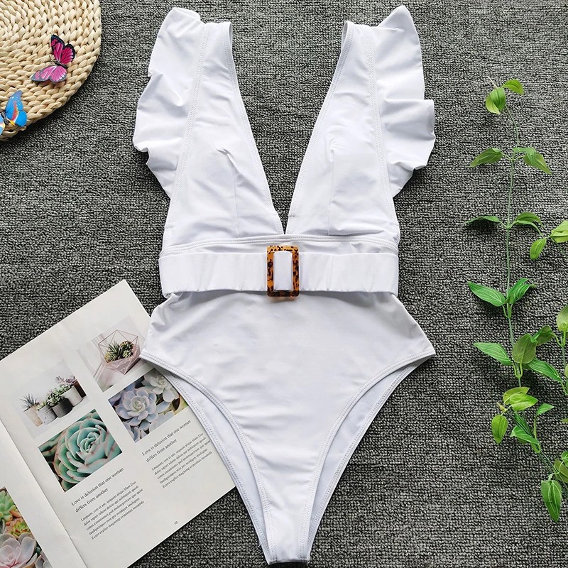One Piece Swimsuit 2020 Sexy Deep V Swimwear Women Ruffle Swimsuit White Bathing Suits Summer Beach Wear Monokini Swimming Suit