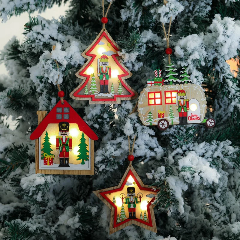

Christmas Tree Decorations Light Up Wooden Christmas Ornament Star House Car Xmas Tree Hanging Decoration Xmas Party Home Decor