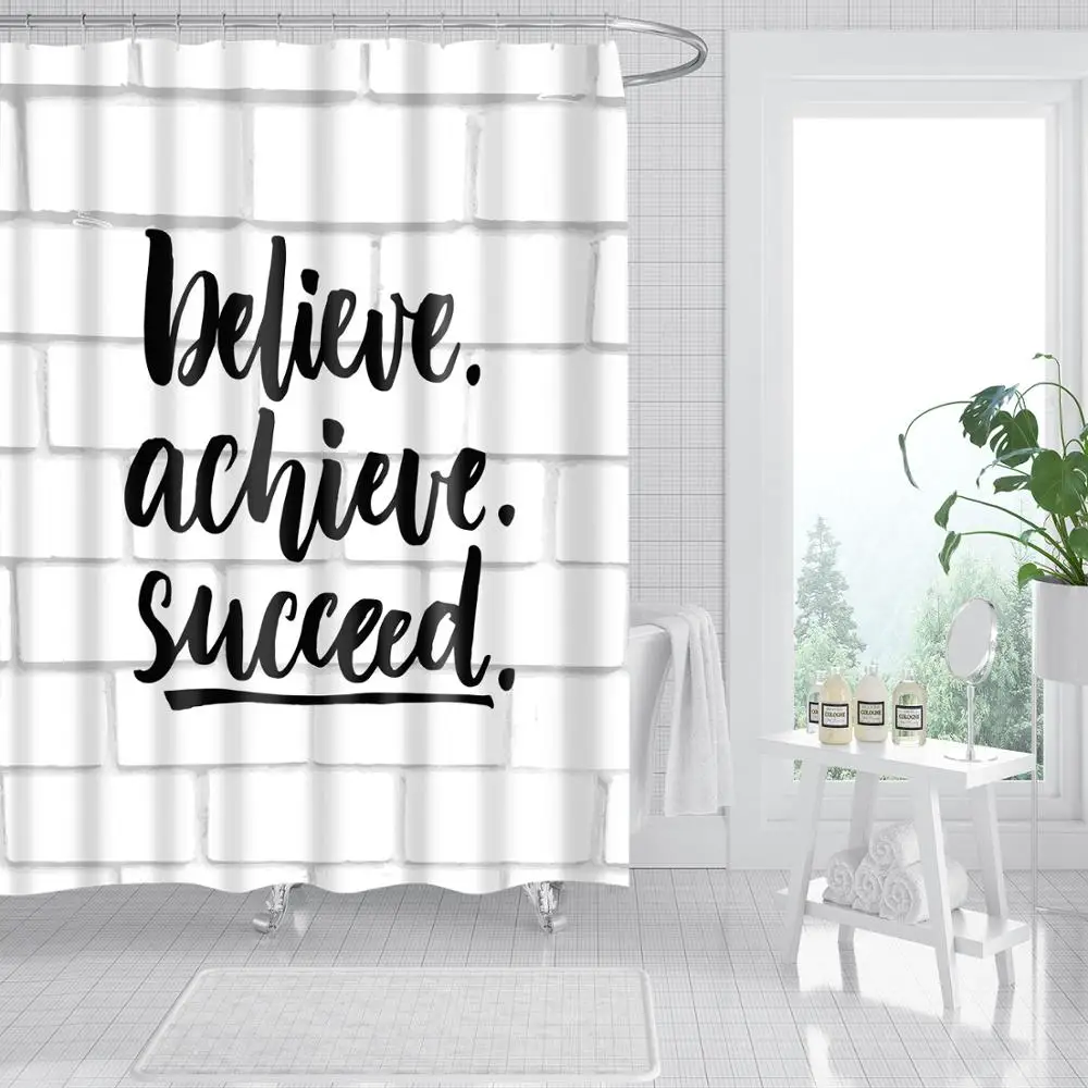 

Waterproof Thicken Believe Achieve Sucess White Bathroom Shower Curtain Polyester Mildew Proof Bath Tub Curtain 12 pcs Hooks