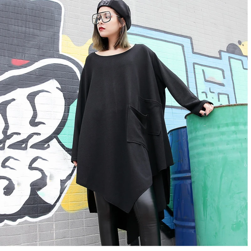 [EAM] черный свободное асимметричное платье с О-образным вырезом длинный рукав односторонняя Растяжка с двойным карманом, на весну и зиму Для женщин модные тенденции JH484