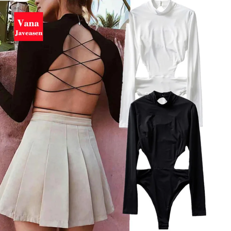 Vana Javeasen Smiple Slim Women Bandage Bodysuit Backless T-shirt Tops Solid Color Long Sleeves Sexy Bodysuits Skinny Palysuits