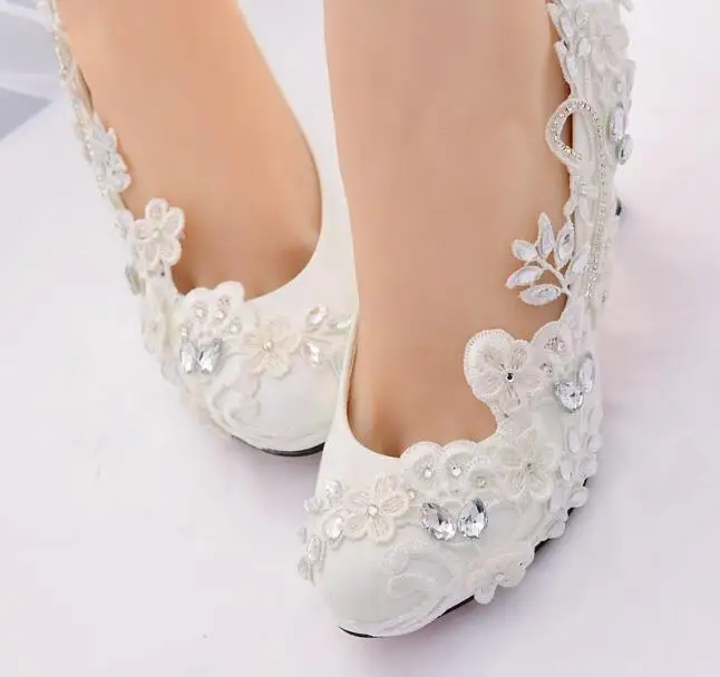 

White Wedding Shoes Bride Female High Heels Shoes woman Color lace rhinestone pearl shoes princess Ball party shoes Large size