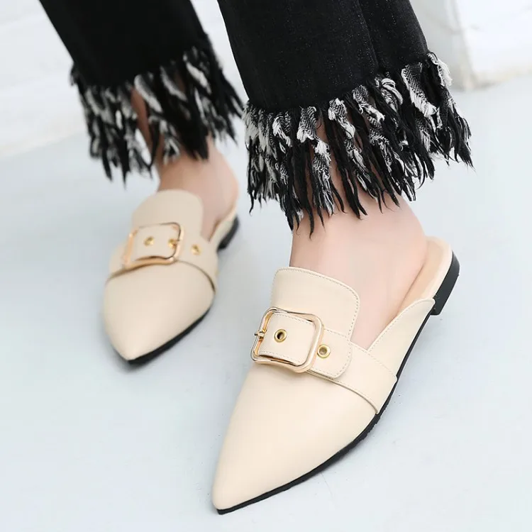 

2017 Spring Summer New Style Pointed Sandals White Slimming Slipper Low Heel Closed-toe Belt Buckle Large Small Shoes