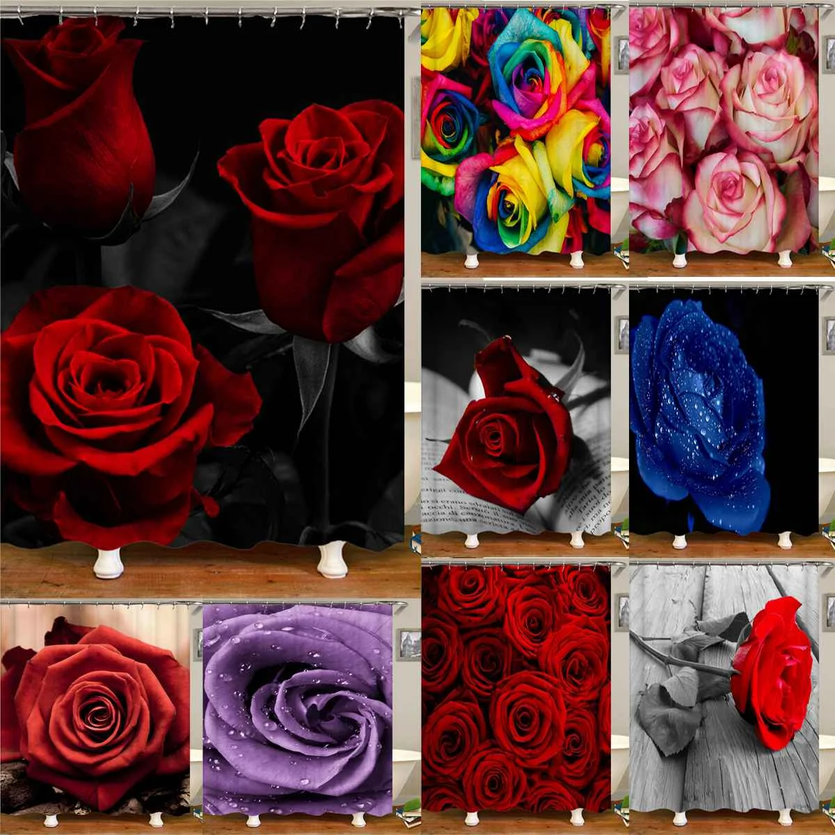 Водонепроницаемая занавеска для ванной комнаты 3D Красная роза и черные листья s
