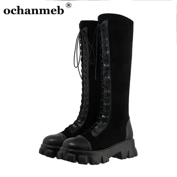 

ochanmeb trendy designer shoes woman autumn winter lace up knee high boots ladies round toe platformed chunky heeled goth shoes