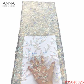 

Anna white african sequins beaded lace fabric 2020 embroidered nigerian tulle fabrics 5 yards/piece french net laces for sewing