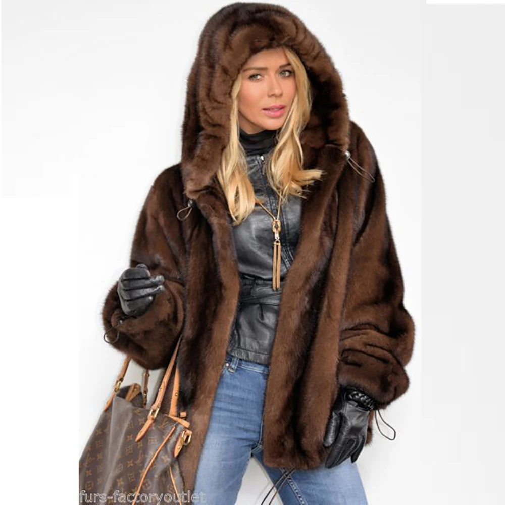 New Winter Real Mink Fur coffee Coats Jacket With hood Women Genuine Full Pelt Winter Warm Elegant Female Jacket