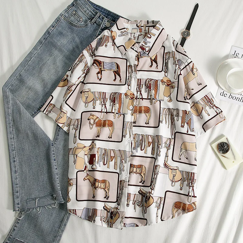 Retro Short Sleeve Women Blouses Work Office Shirts Casual Tops Ladies House Print Oversized Shirt Summer Women Fashion Clothing