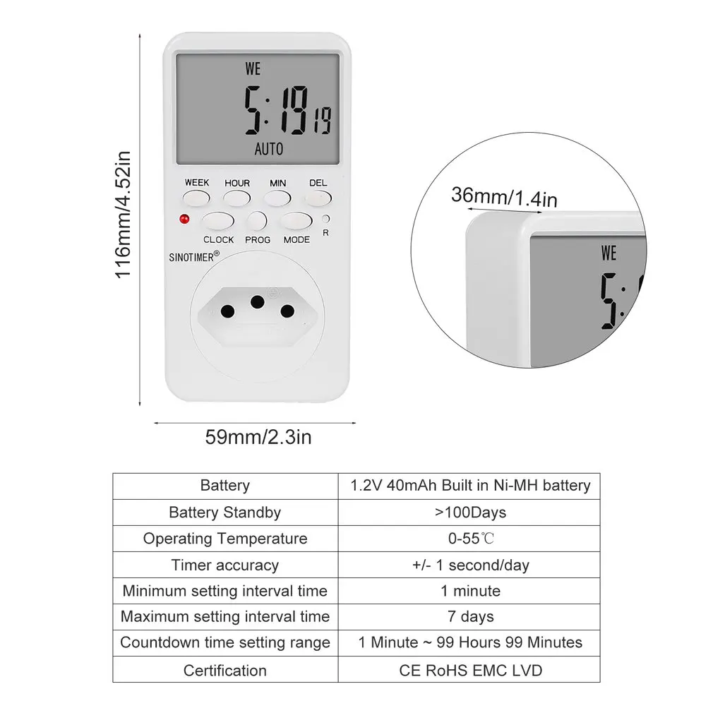 SINOTIMER TM519 7 дней Еженедельный ЖК-цифровой программируемый переключатель розетка таймер вилка контроль релейного переключателя времени ЕС/США/Великобритания/IT/BR/IL