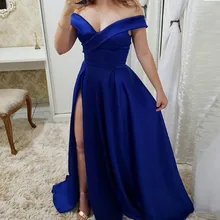 Vestido largo de satén azul real económico para dama de Honor con corte alto barato vestidos de dama de Honor de boda para invitados vestidos de talla grande 2020