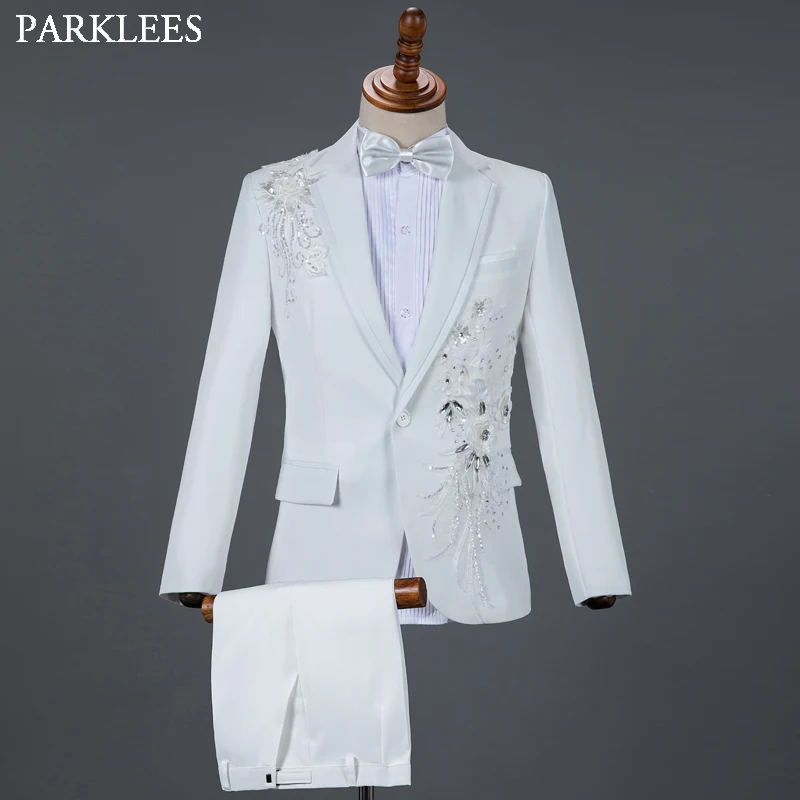 Mens Suit Red Diamond Floral 3 Piece Blazer+Pant+Bow Tie Fashion Tuxedo For Wedding Stage Costume