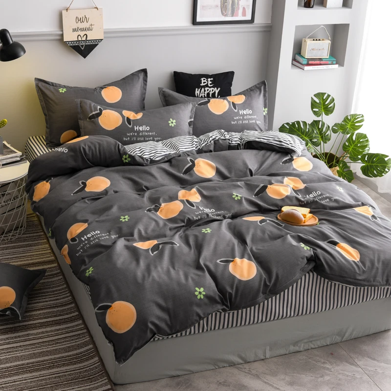

Black orange color Bed linen set duvet cover stripe flat bed sheet pillowcase bedding set king queen double full single bed