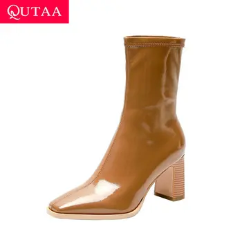 

QUTAA 2021 Autumn Winter Ankle Boots Square High Heel Slip On Women Shoes Stretch PU Patent Leather Ladies Pumps Size 34-39
