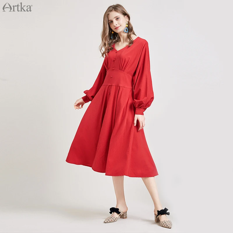 

ARTKA 2019 Autumn Winter New Women Dress Vintage Red Elegant V-Neck Dresses Lantern Sleeve Long Dress For Women LA15299Q