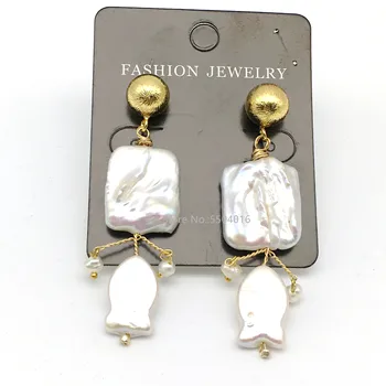 

Gold Natural Pearl Dangle Earring Handmade Fish Shape Square Rectangle Baroque Pearl Combination Drop Earrings for Women Jewelry
