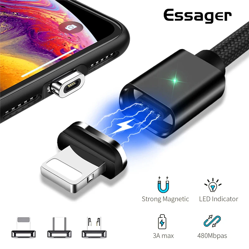 Магнитный кабель Essager 3/2/1 м Micro USB Type c IOS для iPhone 11 XR X iPad Xiaomi 9 Redmi Note 7 кабели быстрой