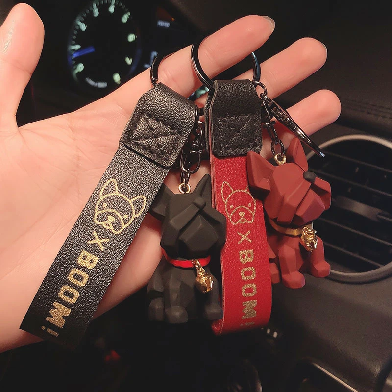 Geometric Resin Bulldog Keychain Bell Trinket Red Black Pendant