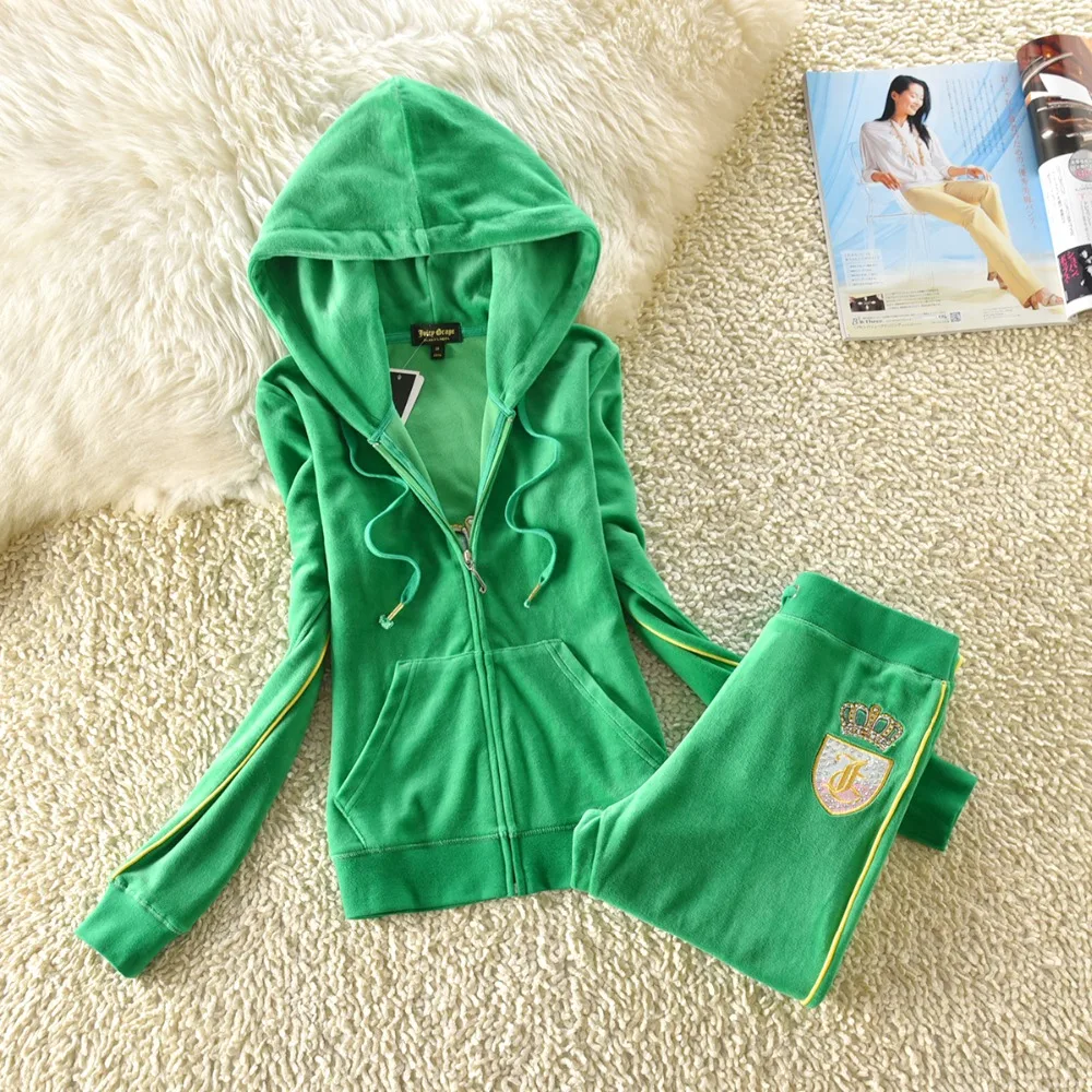 Juicy Grape Brand Spring Autumn Women Sporting Suits Pink Green gray blue Velvet Women Tracksuit suits running Sportswear suit cute two piece sets