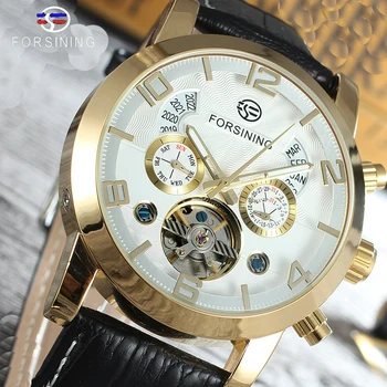 

Forsining Black Genuine Leather Strap Tourbillion Luxury Maltifuction Display Men Business Automatic Watches Top Brand Luxury
