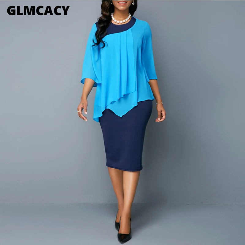 

Women Office Lady O-neck Patchwork Half Sleeve Straight Dress Autumn Elegant High Waist Knee-length Dress Plus Size Dress