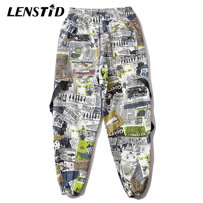 LENSTID Hip мужские уличные ленты с газетным принтом шаровары для бега Harajuku модные