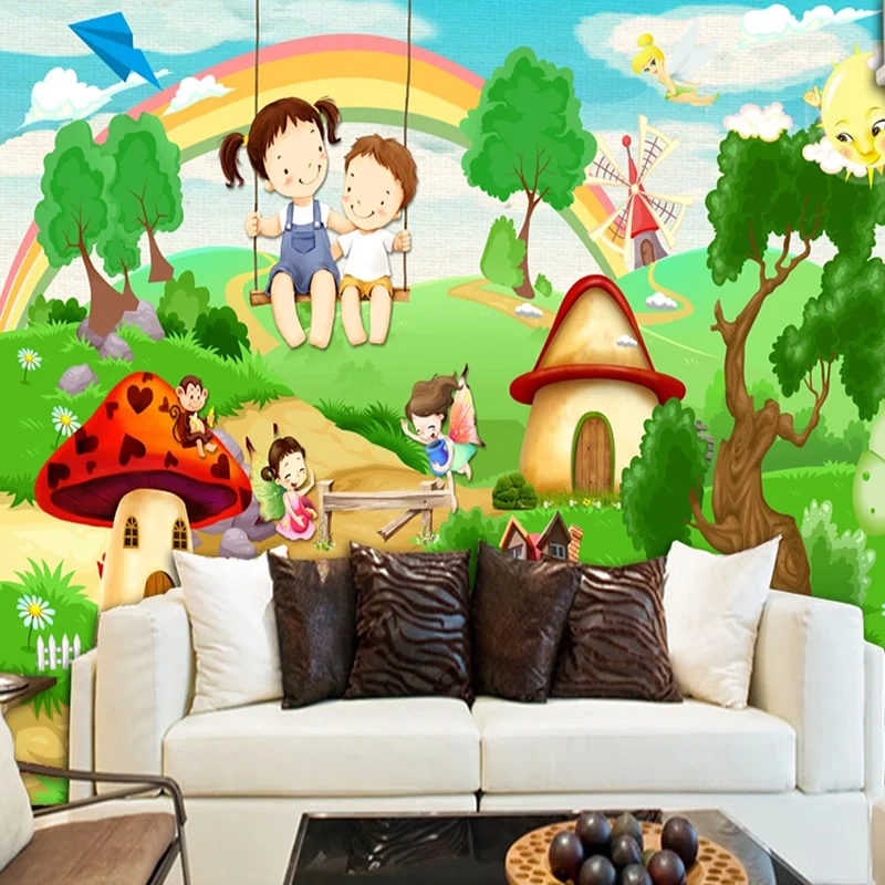 Пользовательские самоклеющиеся водонепроницаемые Настенные обои 3D мультфильм дети газон настенный стикер с пейзажем дети спальня фон плакат