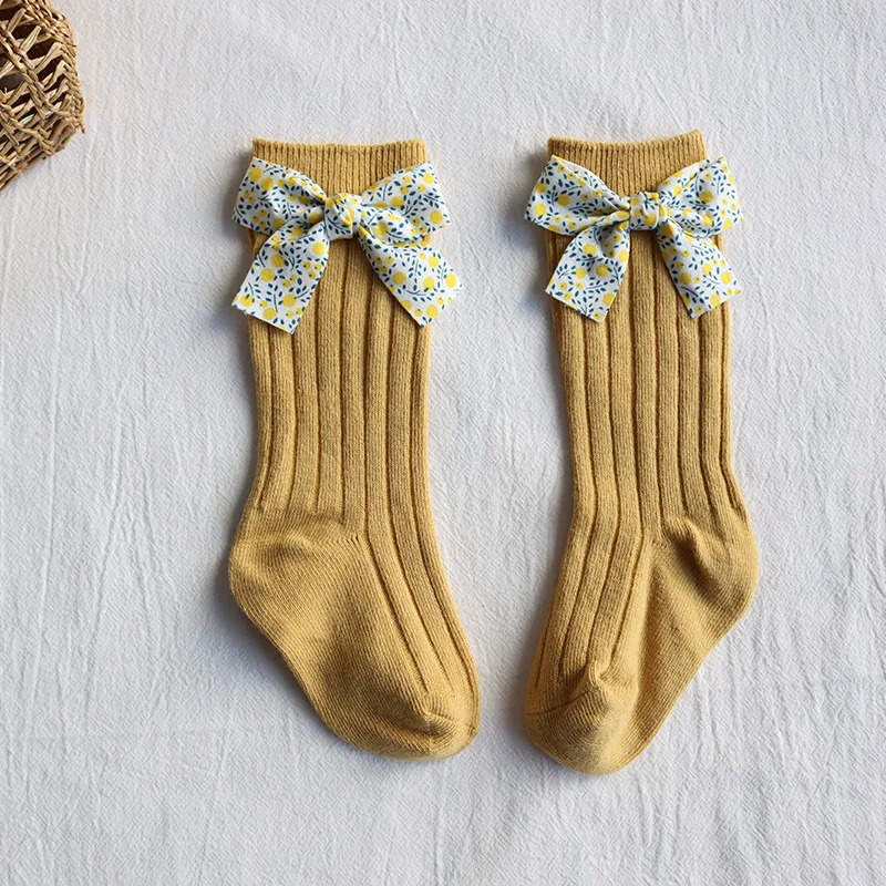 Toddlers Baby Girls Socks Floral Bows Knee High Long Sock Soft Cotton Stripe Children Socks Princess Style For 0-5 Years Kids