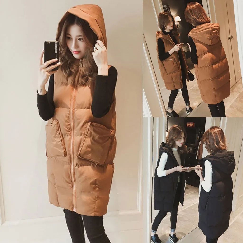 JAYCOSIN ladies new fashion stand collar wild long vest casual solid color warm hooded cotton vest autumn and winter hot jacket