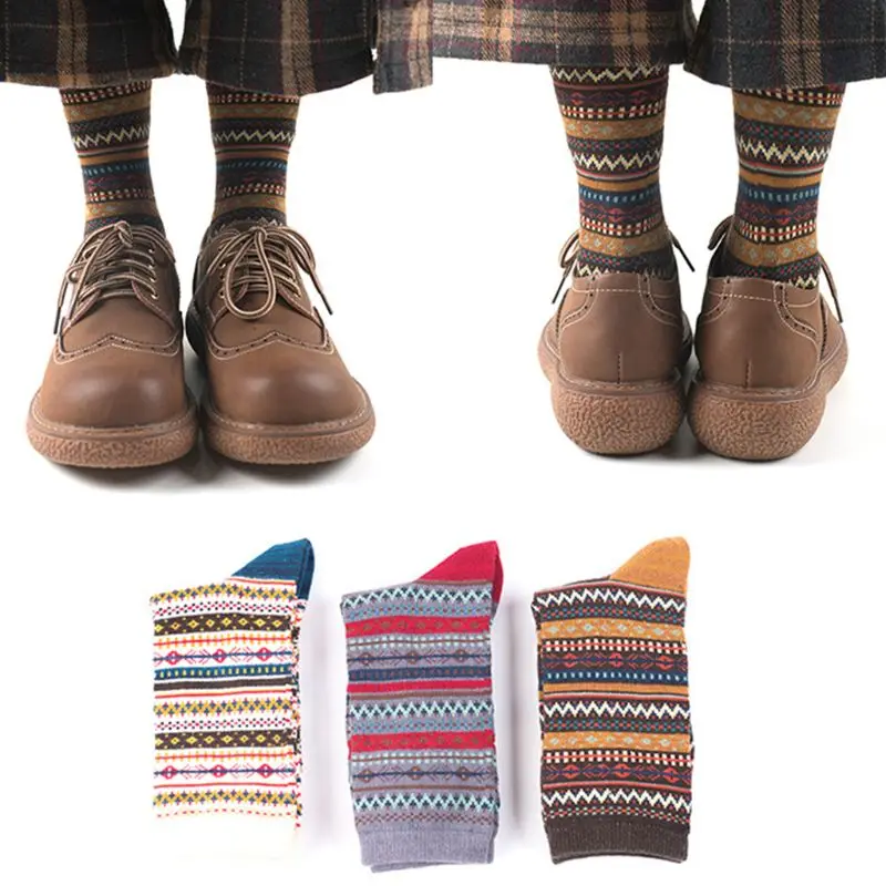 Корейские женские этнические хлопковые плотные теплые носки с волнистыми полосками, Зимние Повседневные носки контрастного цвета в винтажном стиле Харадзюку