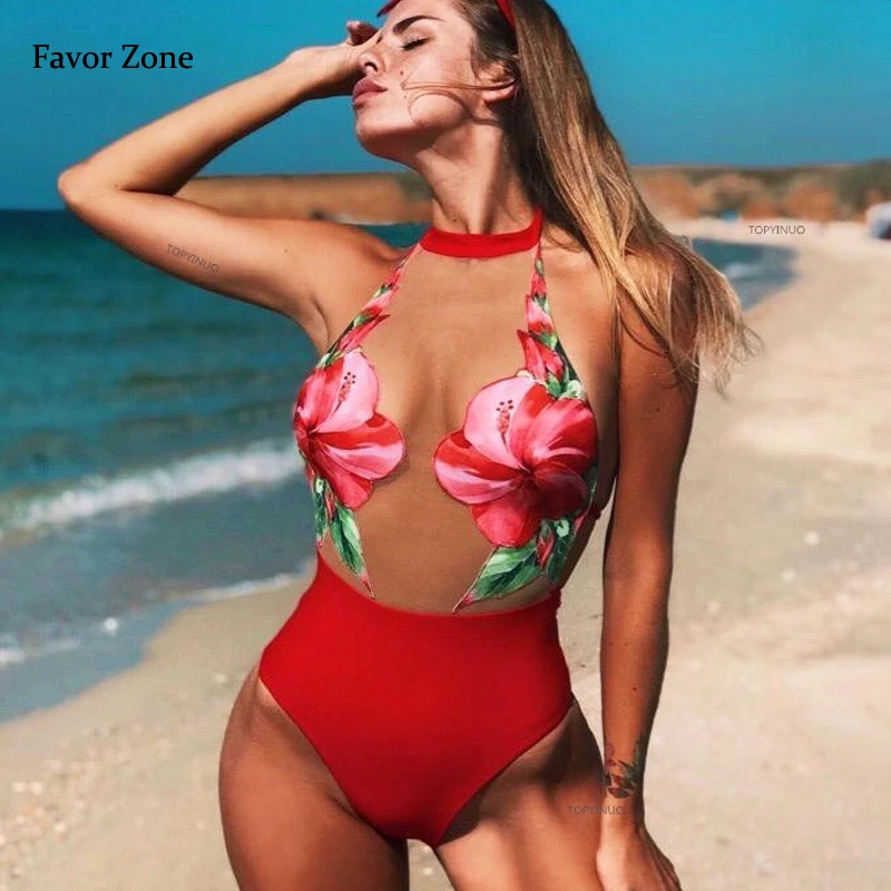 

Mesh Sexy Bikini Swimwear Women Pantchwork Swimsuits Halter Top One Piece Swimsuits Printed Swimwear Women Bathing Suit Monokini