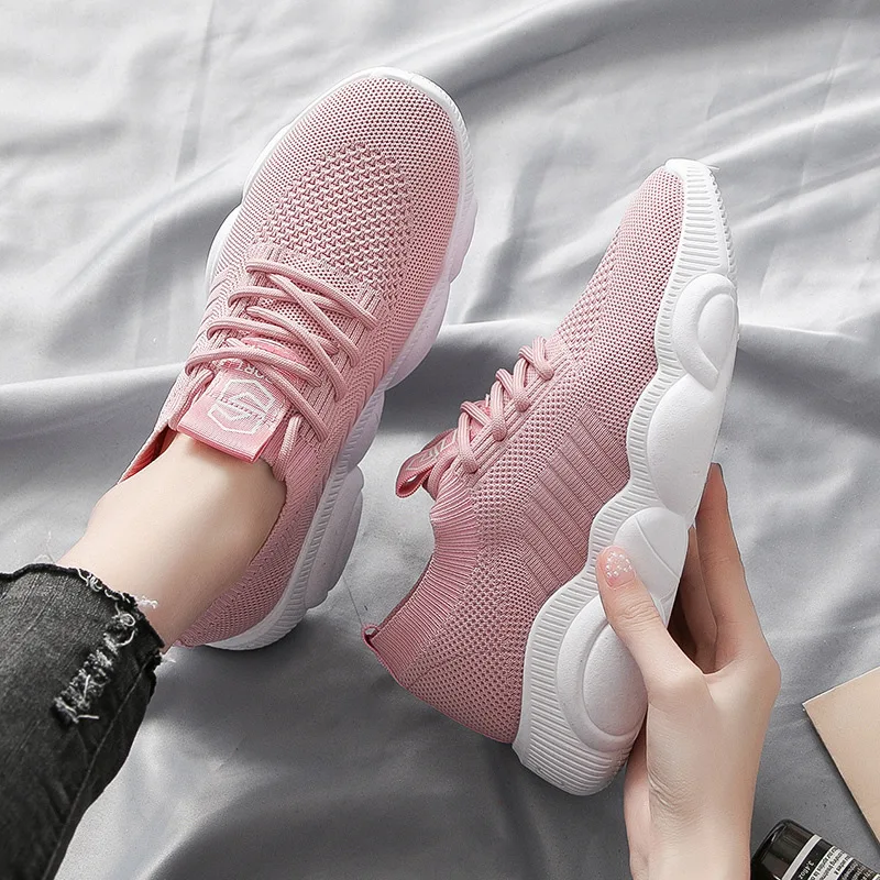 

2019 Spring Women's round-Toe Mesh Korean-style Lace up Front Athletic Shoes Breathable Semi-high Heeled WOMEN'S Casual Shoes Fa