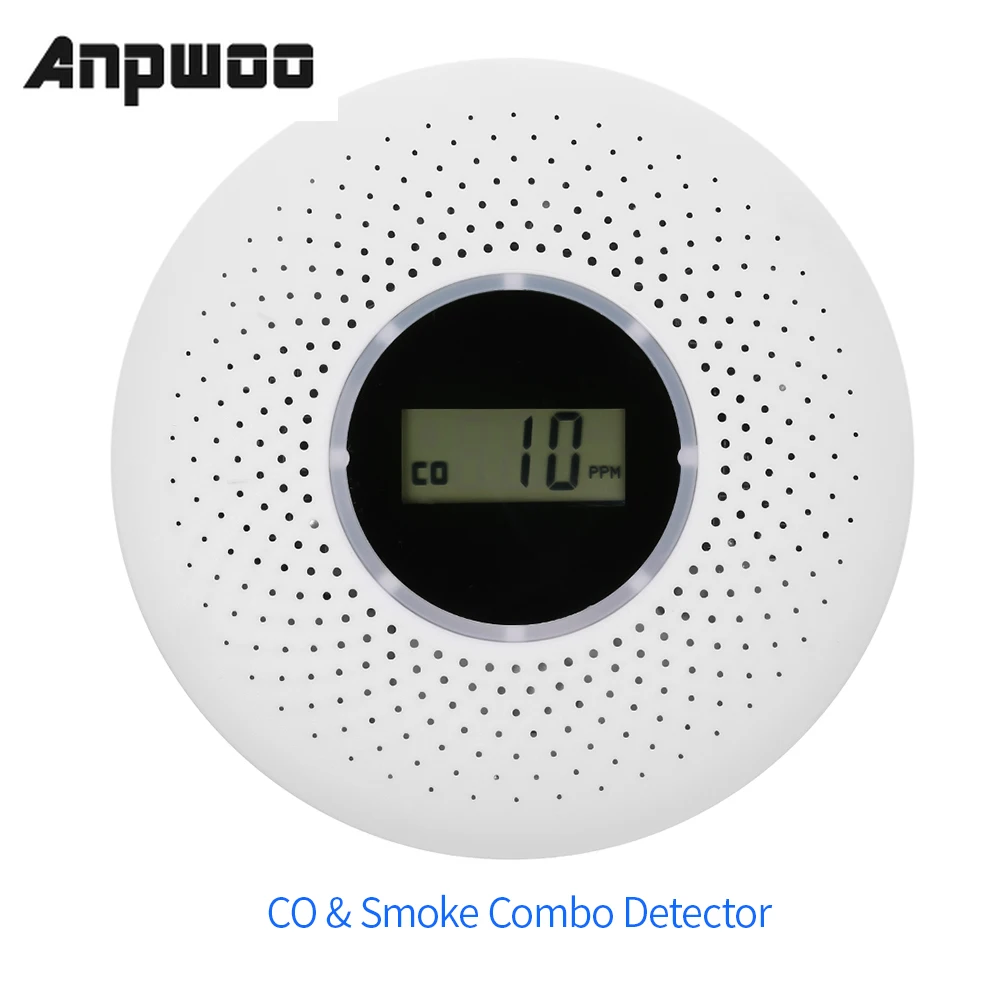 ANPWOO 2 en 1 pantalla LCD de monóxido de carbono y de humo Detector de Combo de la batería operado de alarma de CO con LED luz intermitente de sonido de advertencia