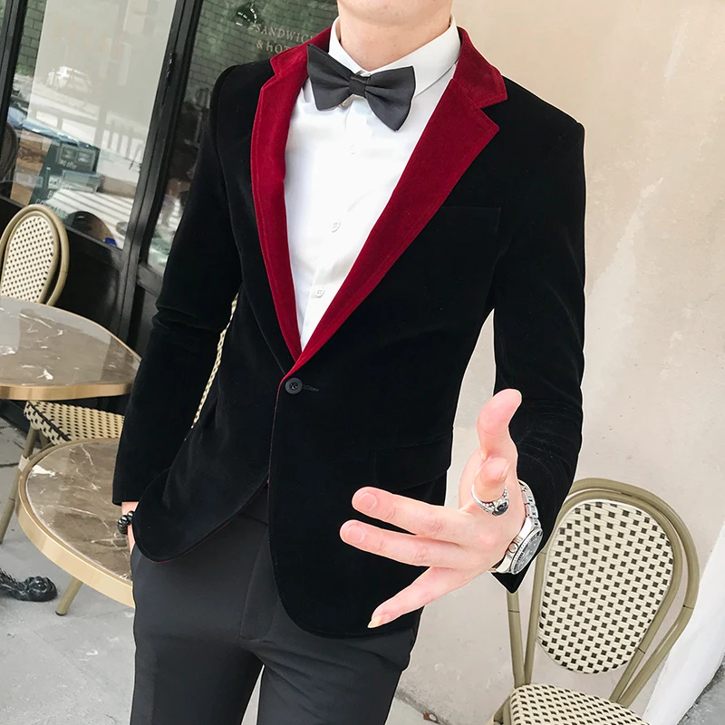

Fashion Stage Jackets Designer Mens Indian Suits Red Velvet Single Suit New Abrigo Casual Hombre Blazers Mens Slim Blazers