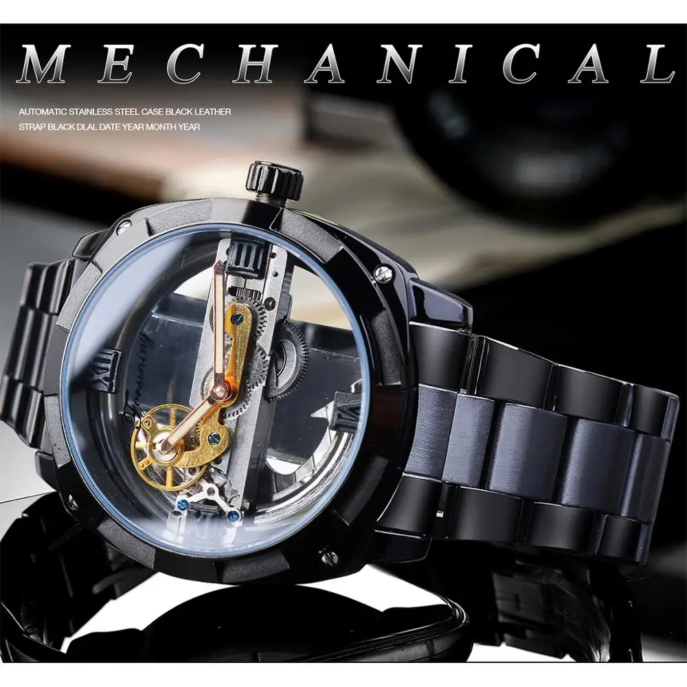 Forsining, стимпанк, черные механические часы, мужские, Автоматический Скелет, прозрачный механизм, винтажный, спортивный, бизнес, стальные ремни для наручных часов