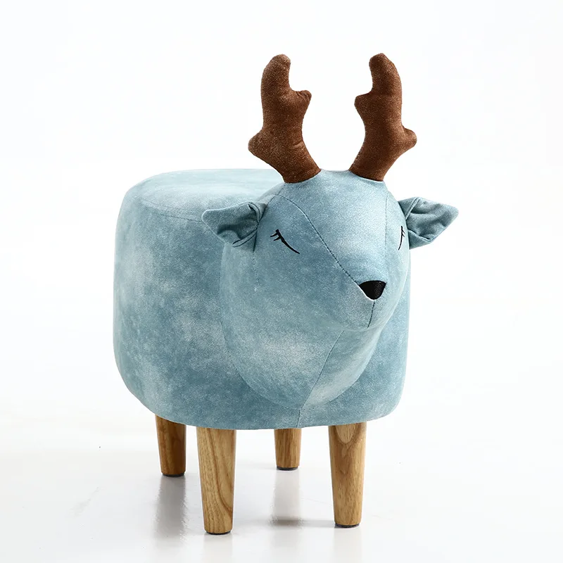 New Household Low Foot Stool Small Cartoon Animal Wood Bench Kids/Children Chair Living Room Small Tea Table Sofa Leather Fabric - Color: deer A