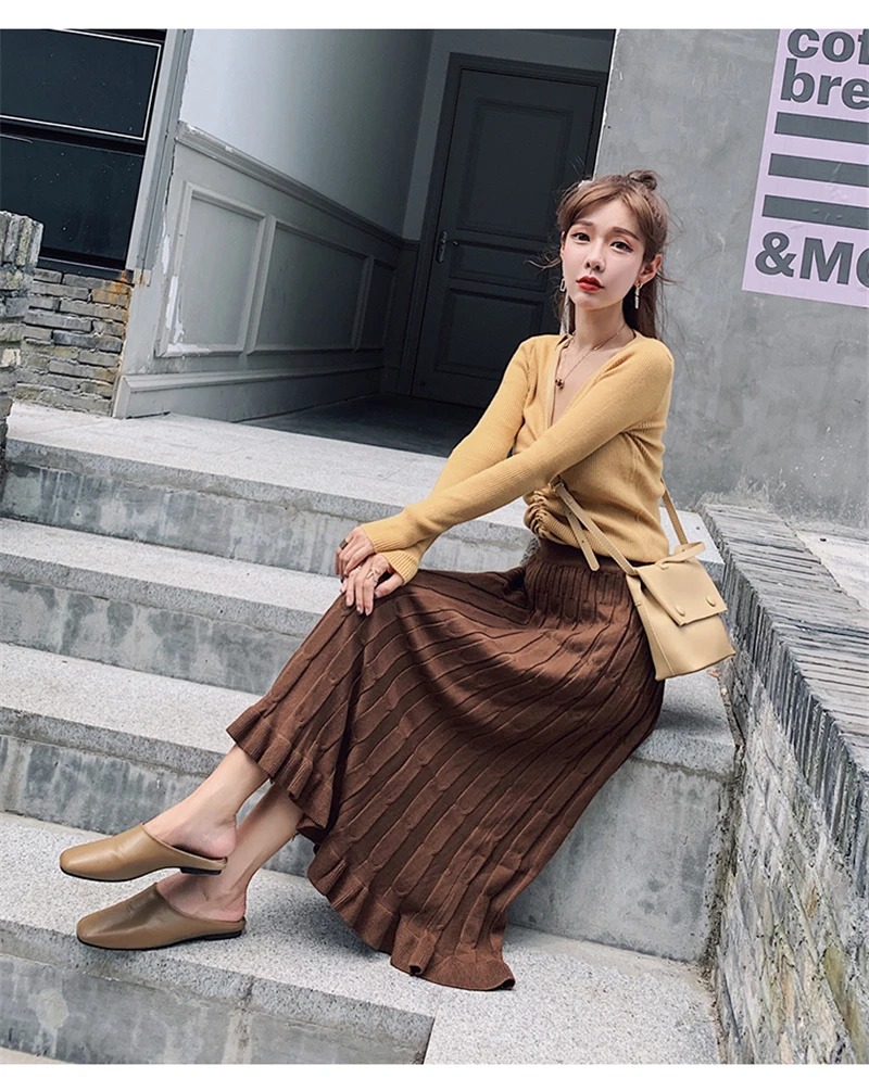 BGTEEVER Autumn Winter Cable Twist Women Knitted Skirts Thick Warm Midi Skirt Elastic Band High Waist Tulle Skirt for Women