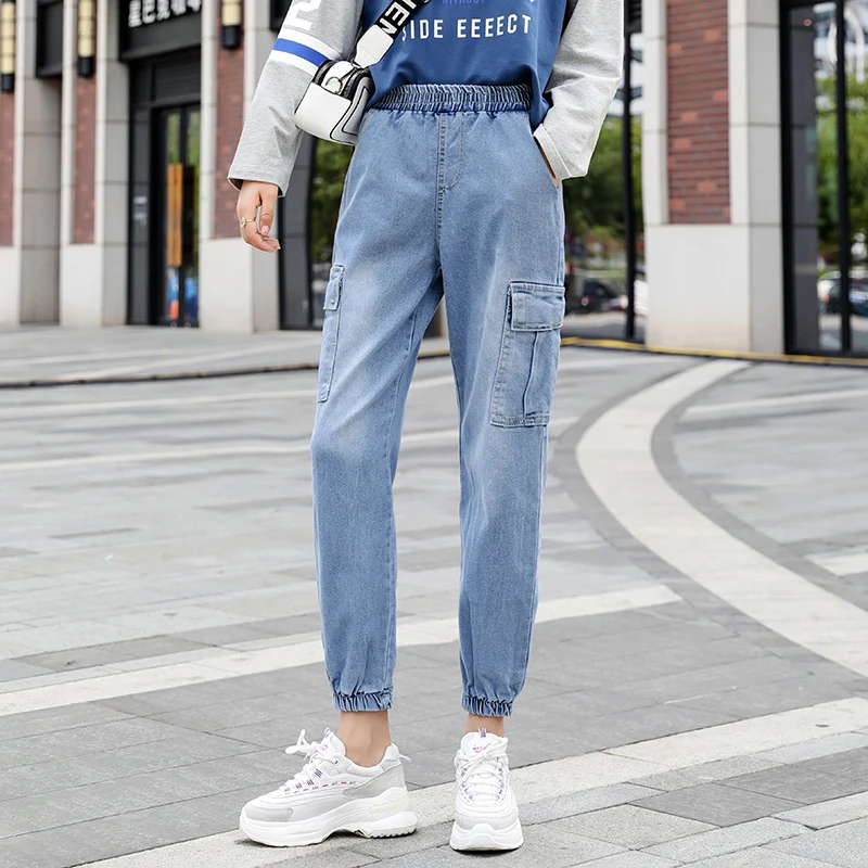 

2019 Fall Women Elastic Waist Haren Slacks with Nine-point Jeans and Leg Pocket Cowboy Casual